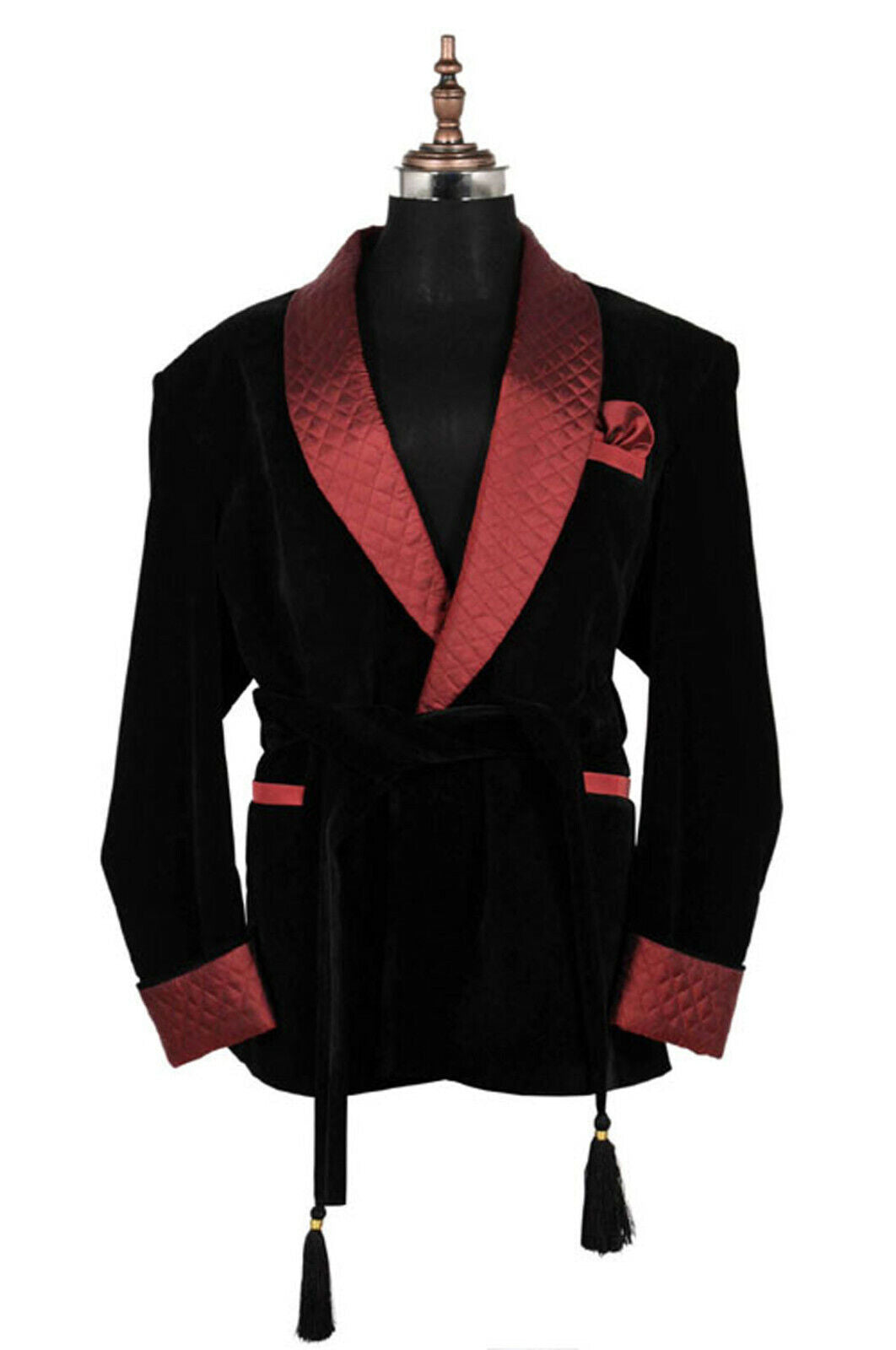 Black Velvet Smoking Jacket Red Quilted Lapel, Cuffs Including Belt