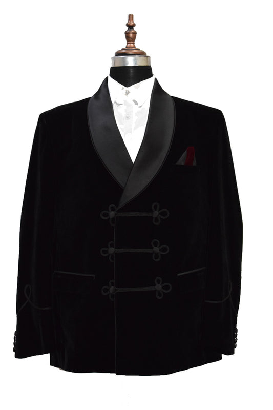 Black Velvet Smoking Jacket with Frog Closure