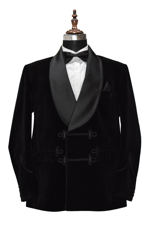 Black Velvet Smoking Jacket with Frog Closure