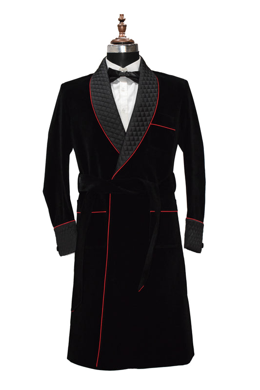 Black Velvet Smoking Jacket Long Coat Robe with Belt