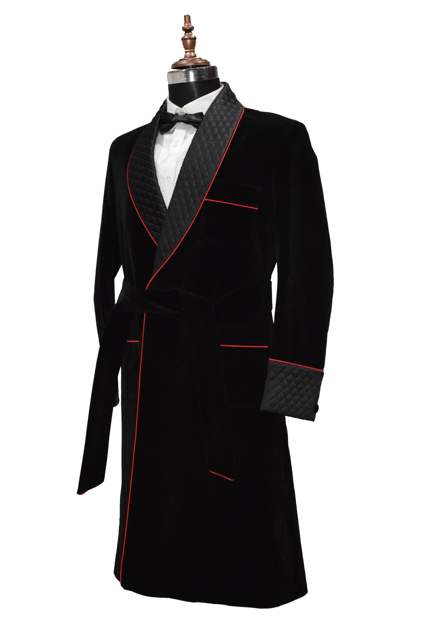 Black Velvet Smoking Jacket Long Coat Robe with Belt