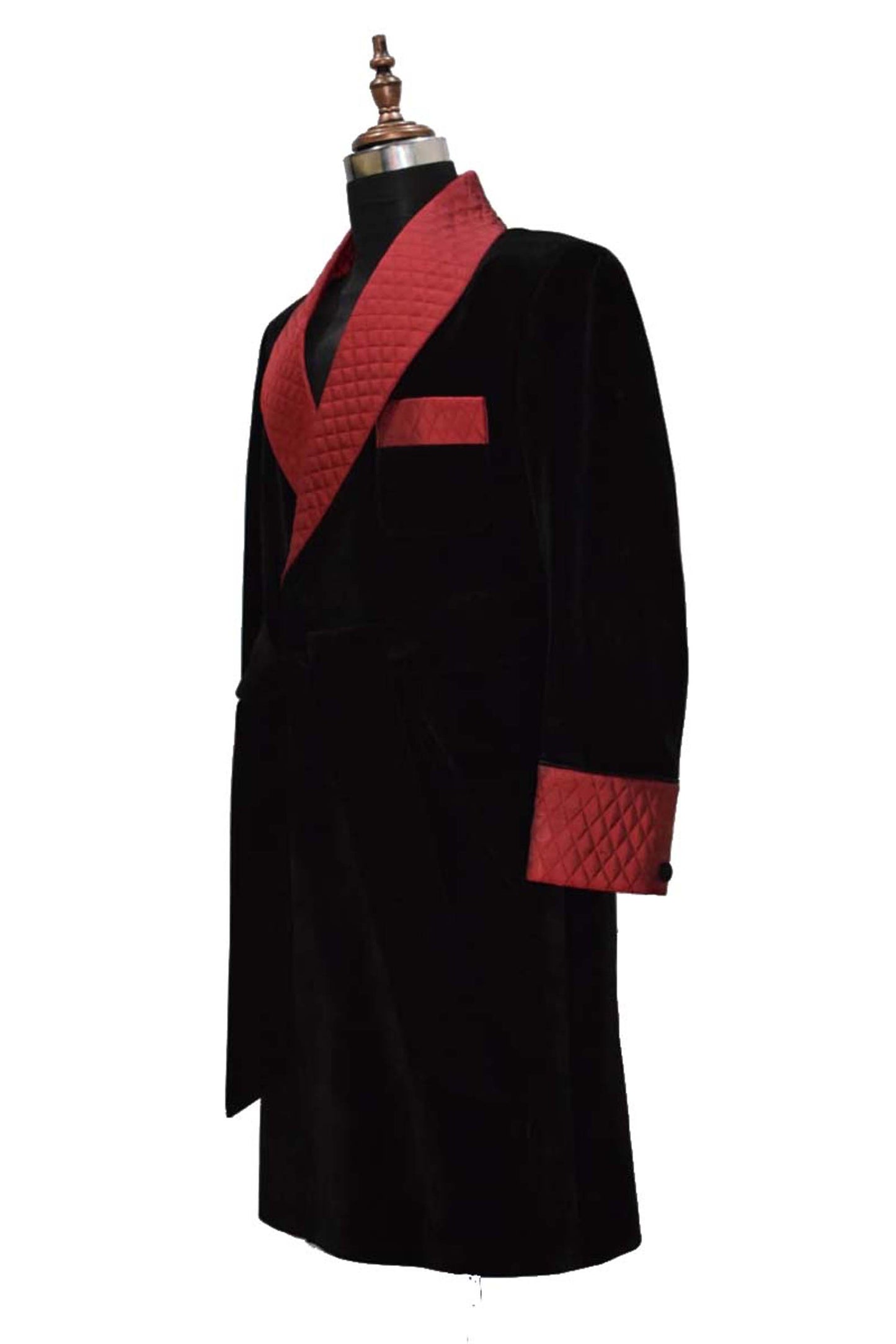 Men Black Smoking Jacket Long Coat with Quilted Lapel, Cuffs and Belt