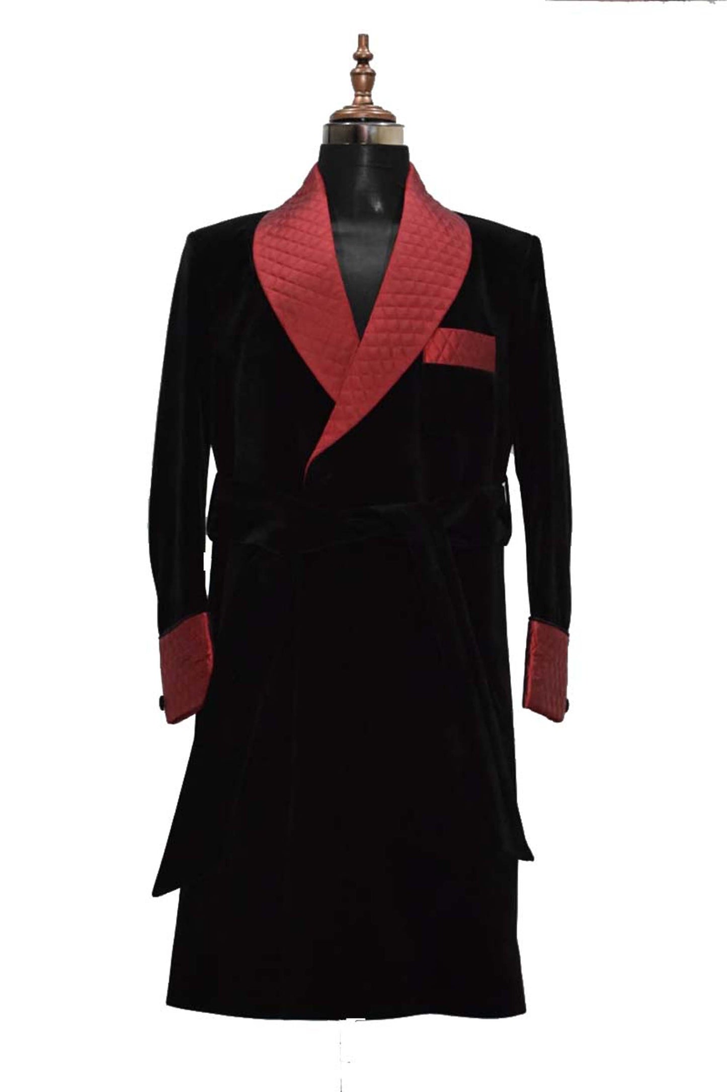 Men Black Smoking Jacket Long Coat with Quilted Lapel, Cuffs and Belt