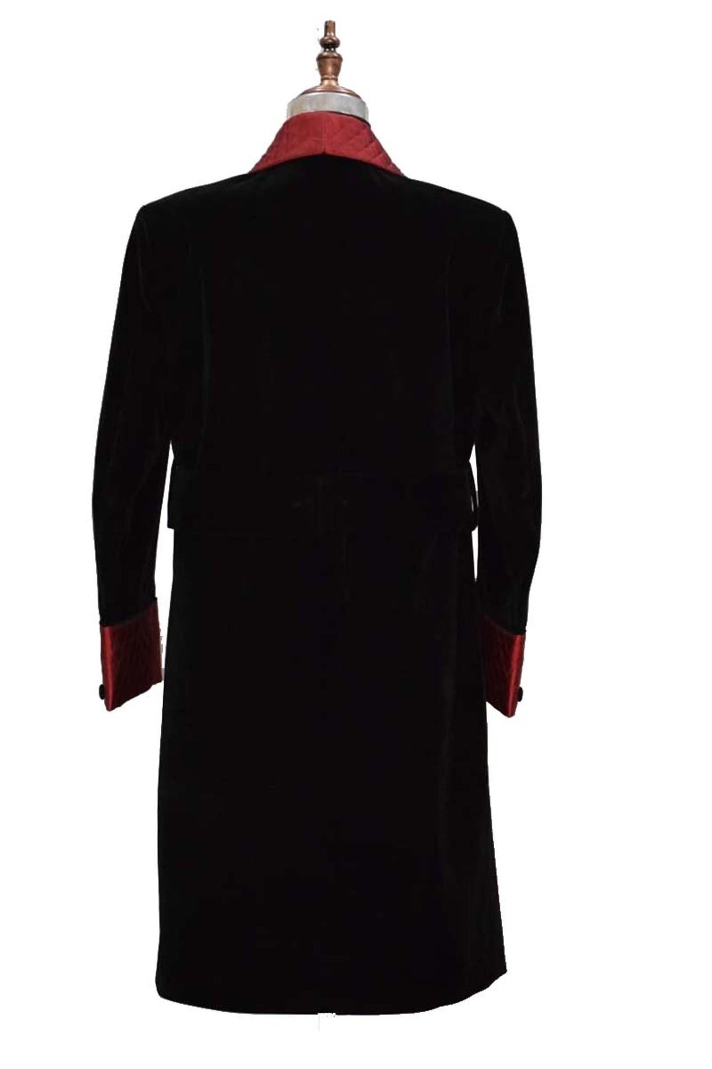 Men Black Smoking Jacket Long Coat with Quilted Lapel, Cuffs and Belt