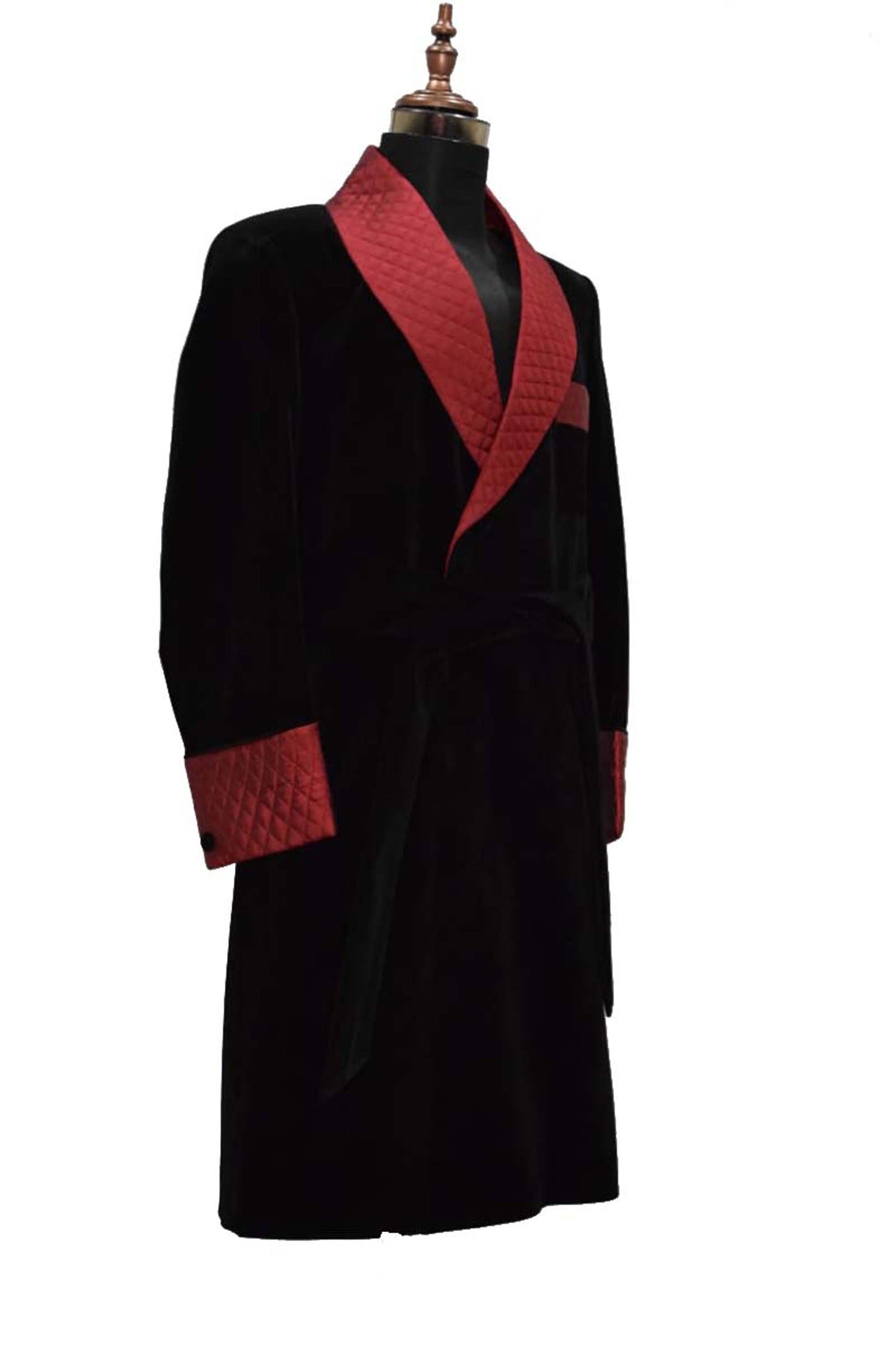 Men Black Smoking Jacket Long Coat with Quilted Lapel, Cuffs and Belt