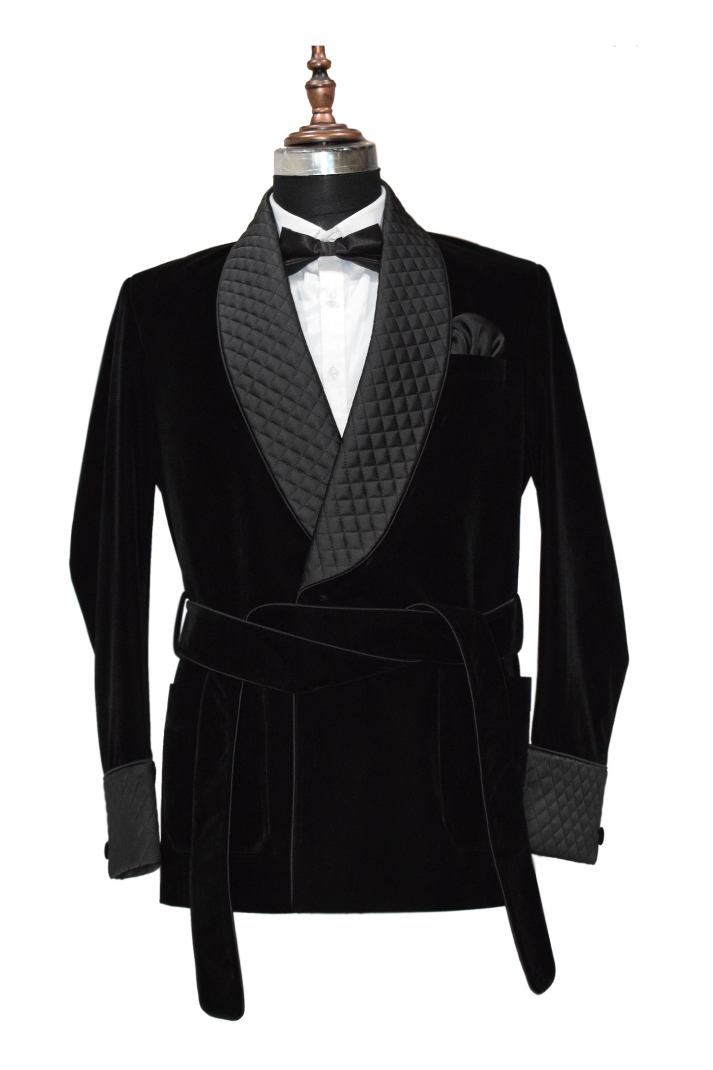 Black Velvet Smoking Jacket with Black Quilted Lapel, Cuffs and Belt