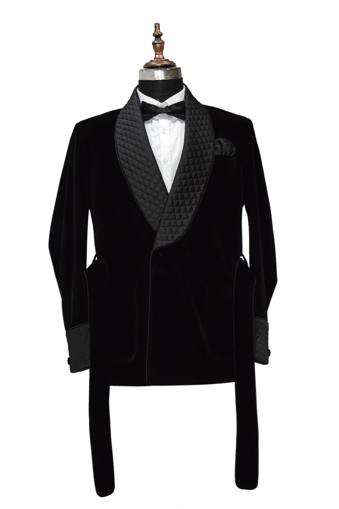 Black Velvet Smoking Jacket with Black Quilted Lapel, Cuffs and Belt