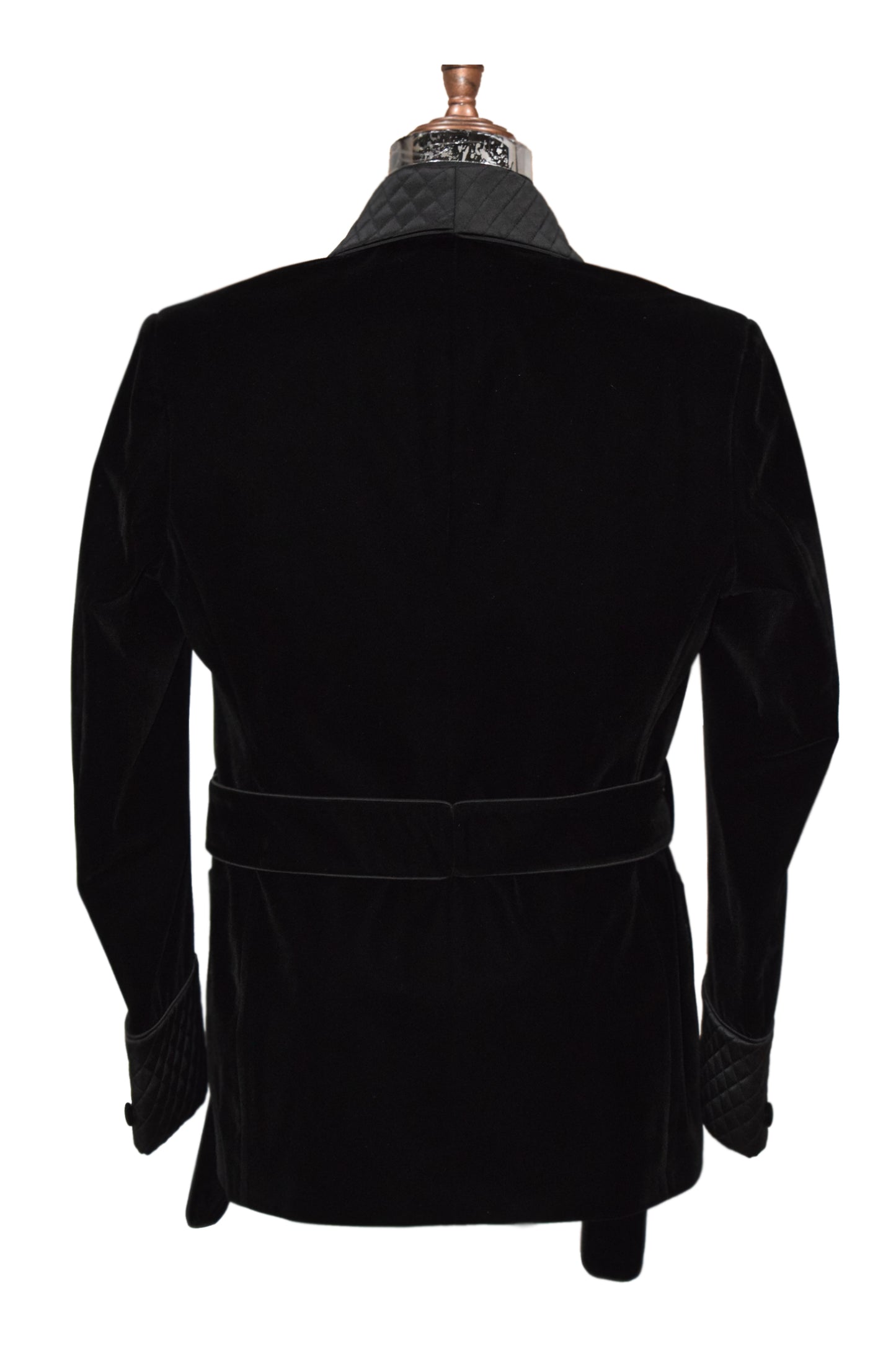 Black Velvet Smoking Jacket with Black Quilted Lapel, Cuffs and Belt