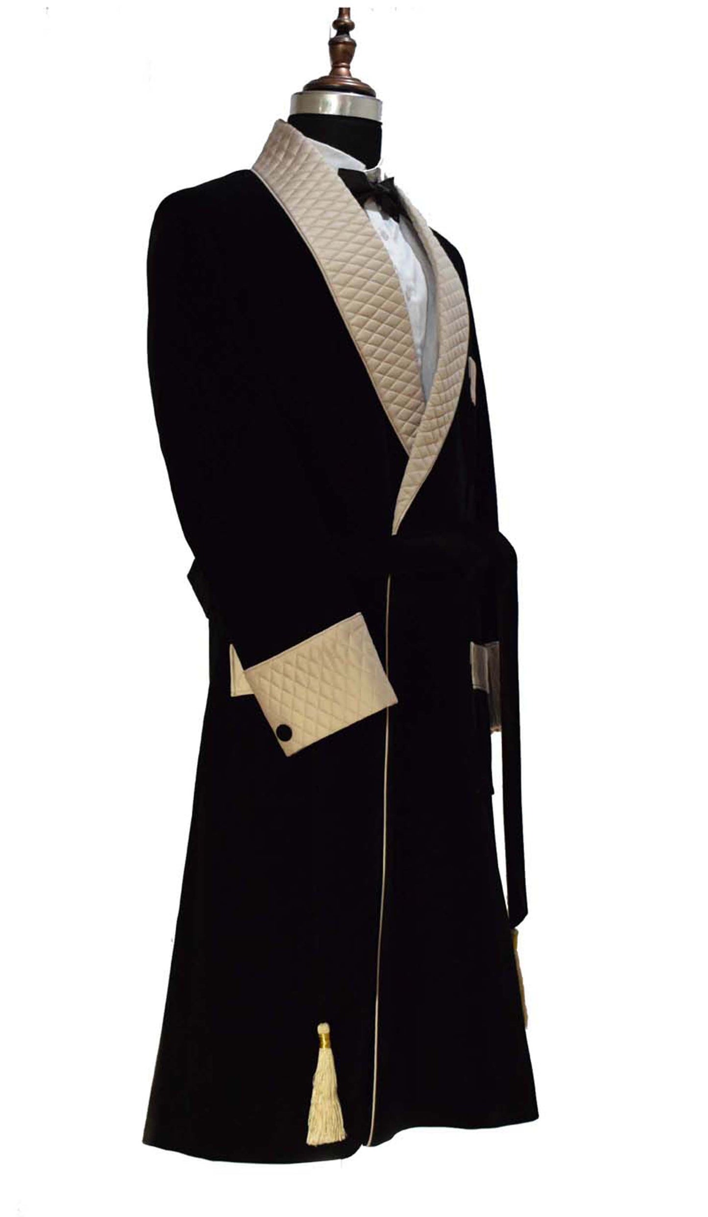 Men Black Smoking Jacket Long Coat with Quilted Lapel, Cuffs and Belt