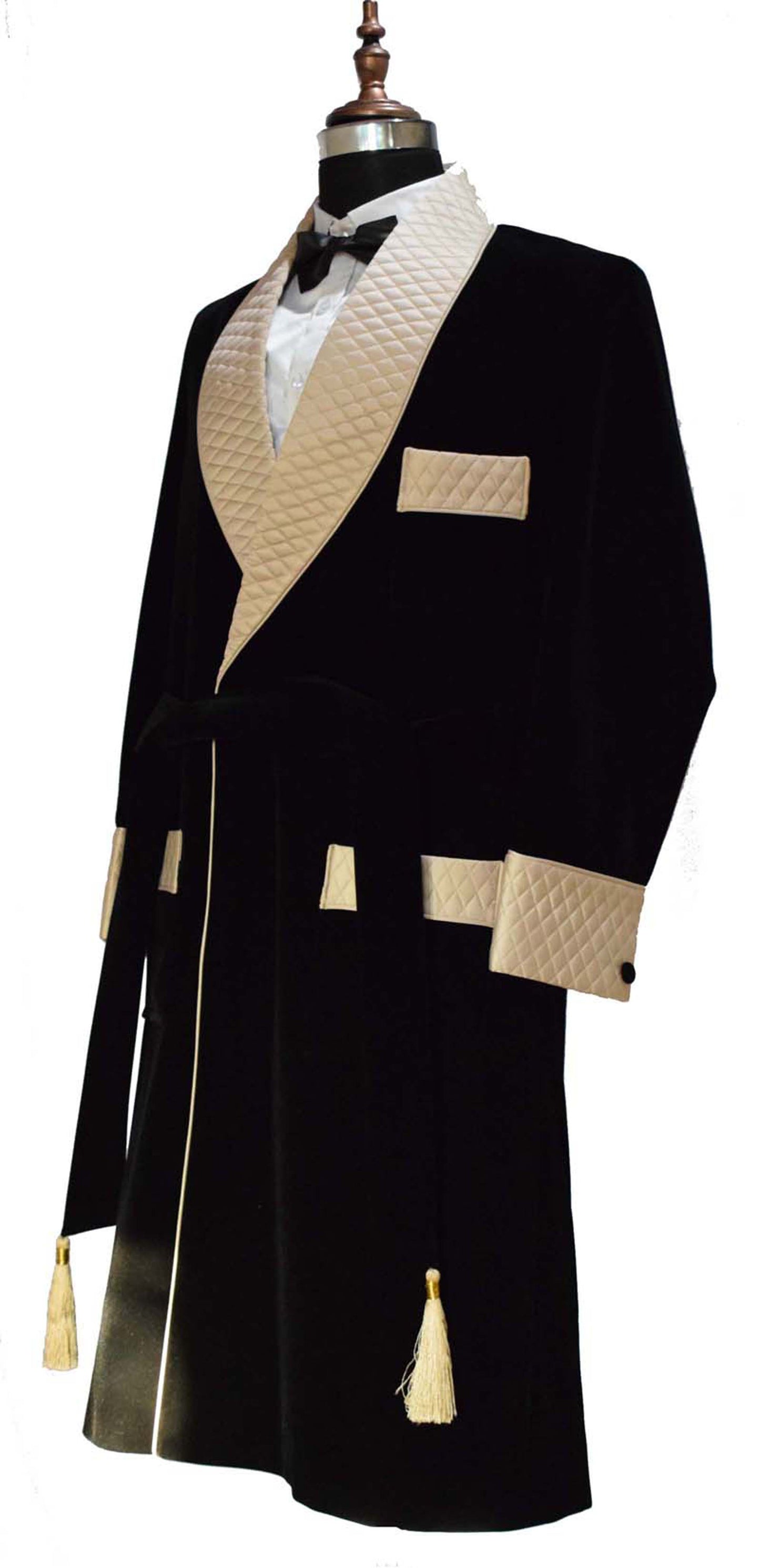 Men Black Smoking Jacket Long Coat with Quilted Lapel, Cuffs and Belt