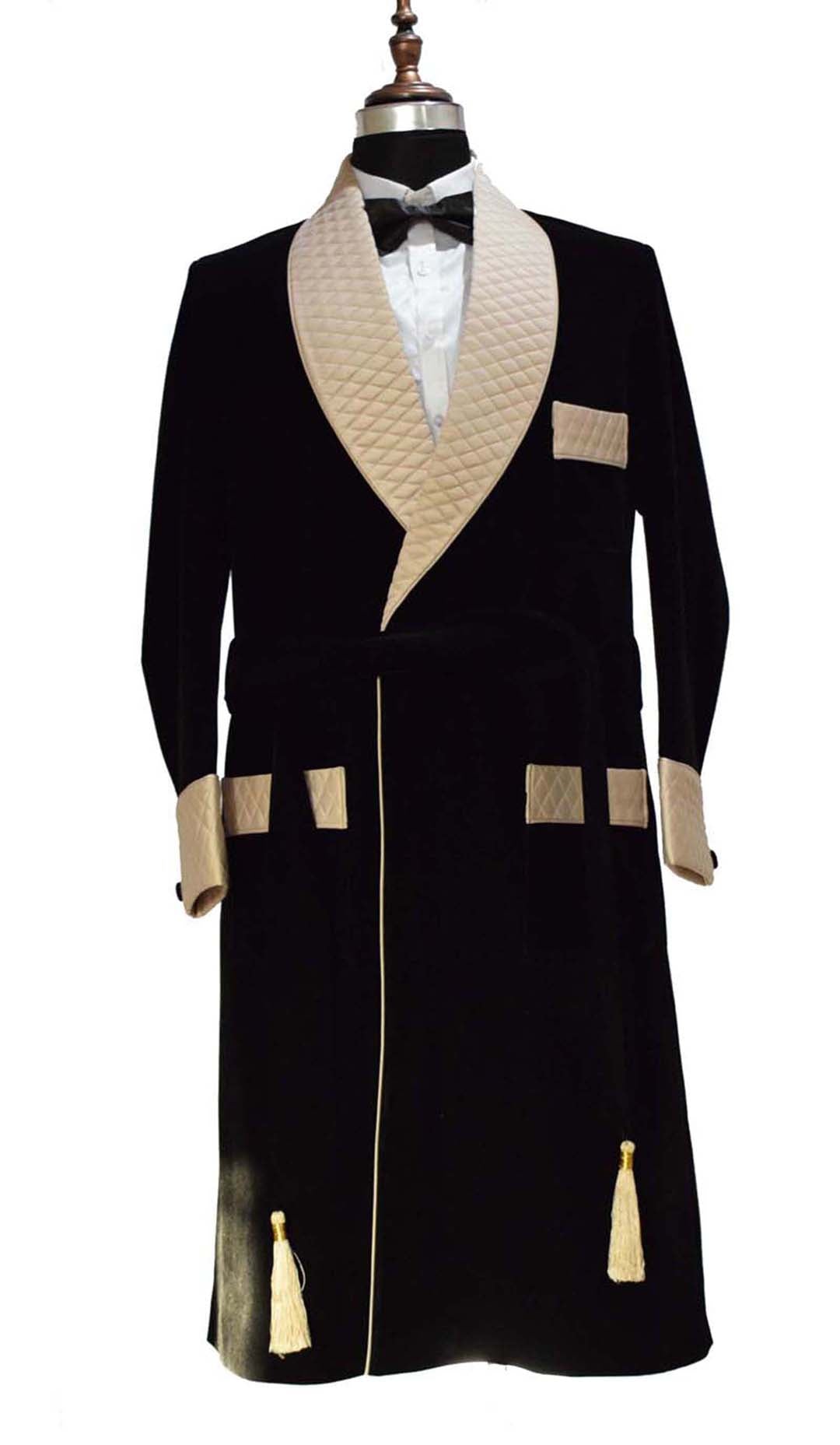 Men Black Smoking Jacket Long Coat with Quilted Lapel, Cuffs and Belt