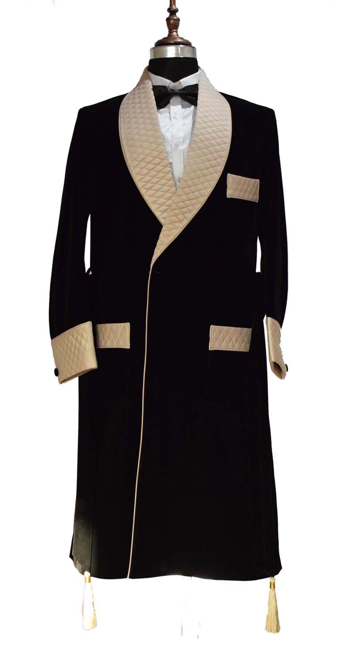 Men Black Smoking Jacket Long Coat with Quilted Lapel, Cuffs and Belt