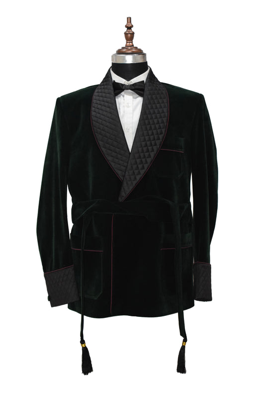 Green Smoking Jacket with Black Quilted Lapel, Cuffs With Belt