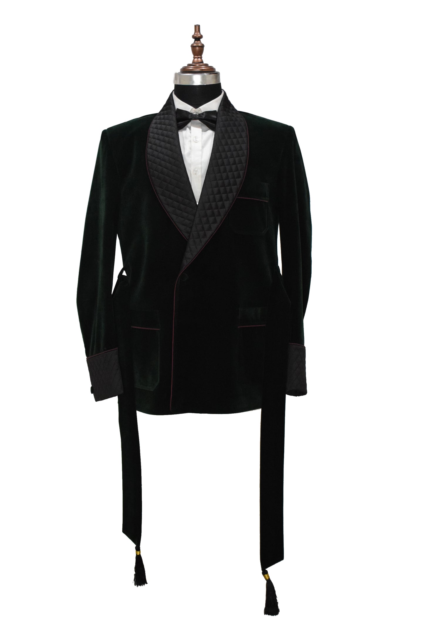 Green Smoking Jacket with Black Quilted Lapel, Cuffs With Belt