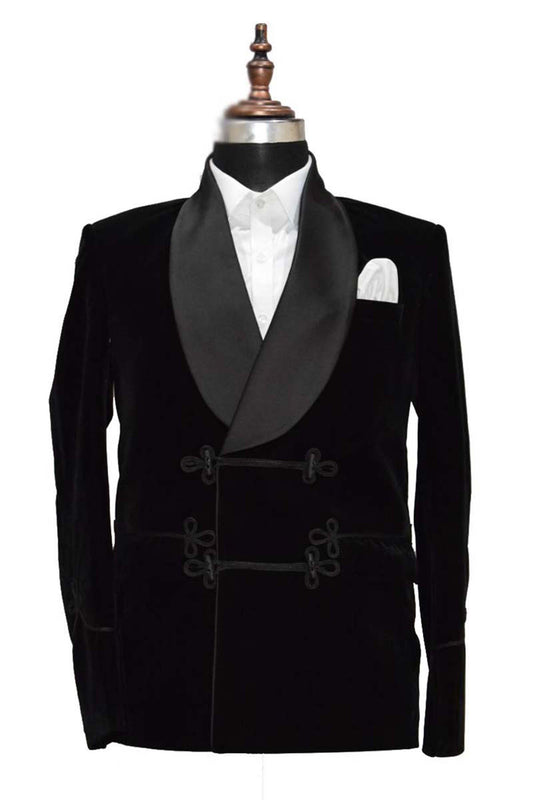 Black Velvet Smoking Jacket with Frog Closure